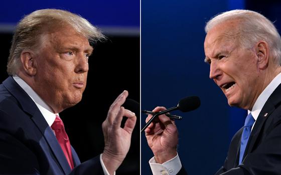 This combination of pictures shows President Donald Trump, left, and Democratic presidential candidate Joe Biden during the final presidential debate at Belmont University in Nashville, Tennessee, on Oct. 22, 2020. (Brendan Smialowski and Jim Watson/AFP via Getty Images/TNS)