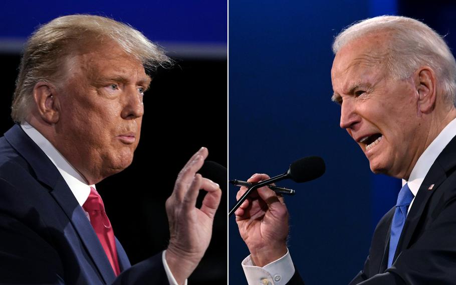 This combination of pictures shows President Donald Trump, left, and Democratic presidential candidate Joe Biden during the final presidential debate at Belmont University in Nashville, Tenn., on Oct. 22, 2020.
