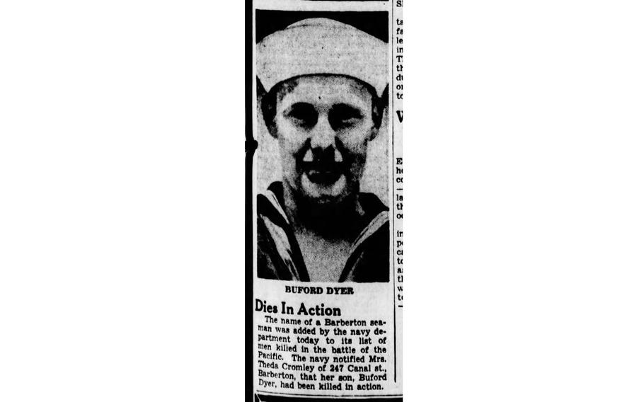 A newspaper clipping from the front page of the Akron Beacon Journal on Feb. 17, 1942, marks the military notification to family of the death of Navy seaman Buford Dyer of Barberton, Ohio, who died in the attack on Pearl Harbor.