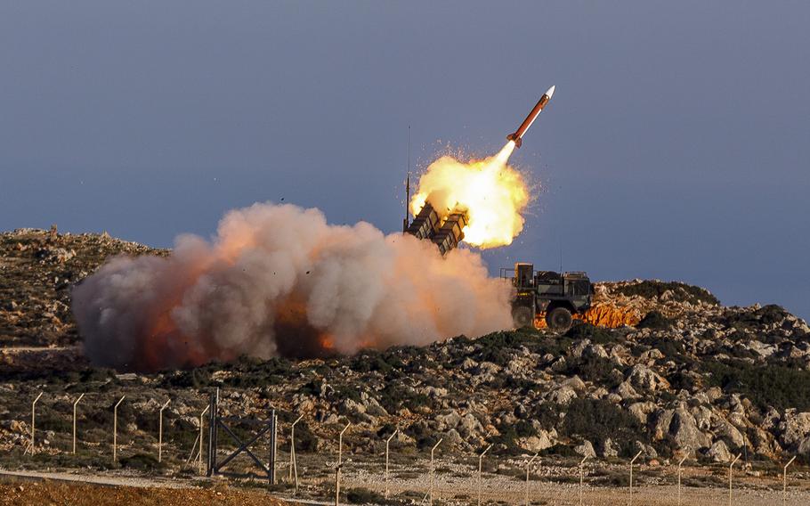 German soldiers assigned to Surface Air and Missile Defense Wing 1 fire the Patriot weapons system at the NATO Missile Firing Installation during Artemis Strike Nov. 7, 2017, in Chania, Greece.