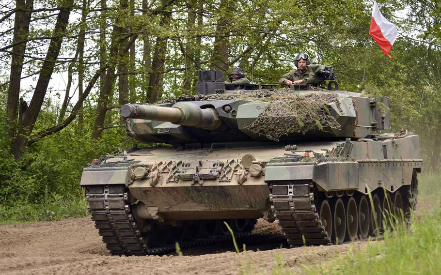 A Polish army Leopard tank at a multinational exercise in May 2022, at Drawsko Pomorskie, Poland. Germany has not yet decided whether it will send its Leopard battle tanks to Ukraine, but Defense Minister Boris Pistorius said Jan. 24, 2023, that allies in possession of the tanks are welcome to begin training Ukrainian troops on their own German-made systems. 