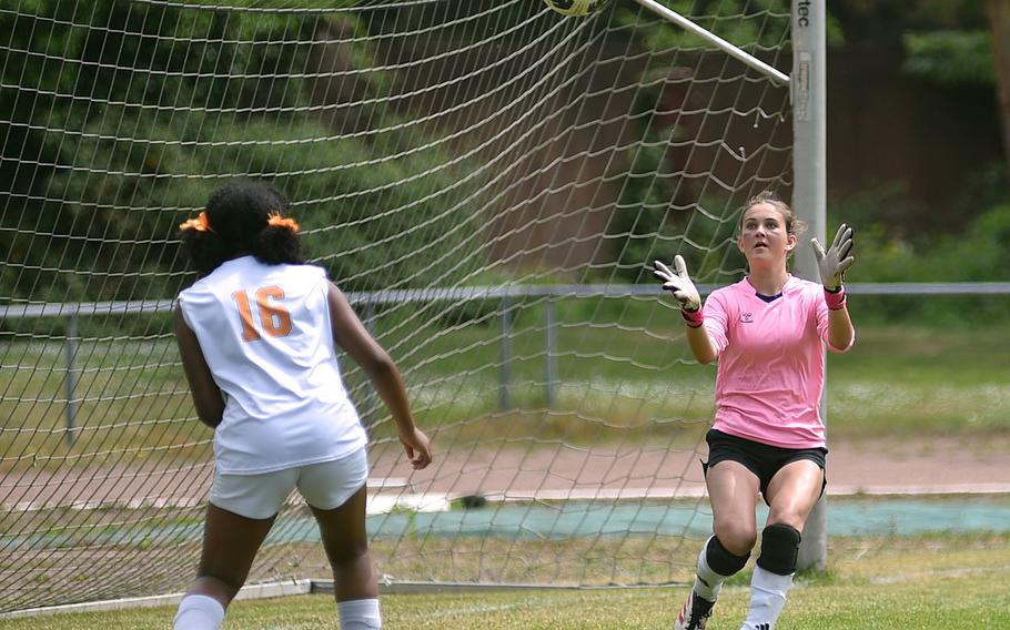 Spangdahlem goalkeper Emma Barnes positions herself to catch a corner kick during the second day of round-robin action against AFNORTH at the 2025 Division III DODEA European championships on May 20, 2025, at Rothenborn Stadion in Landstuhl, Germany.