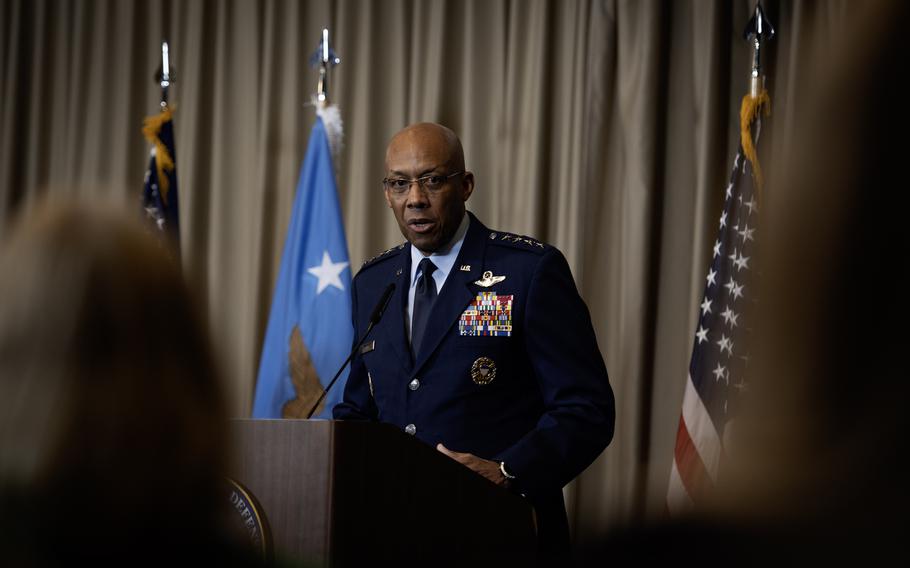 U.S. Air Force Gen. Charles G. Brown Jr. provides closing remarks during his first Ukraine Defense Contact Group meeting as chairman of the joint chiefs of staff at Ramstein Air Base, Germany, Tuesday, March 19, 2024.
