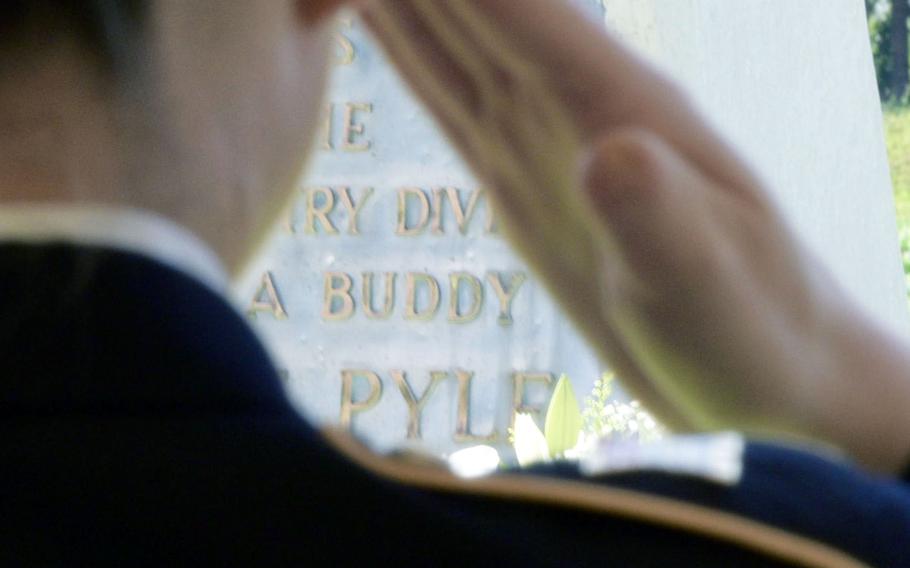 Famed war correspondent Ernie Pyle is honored during a ceremony Sunday, April 16, 2023, near the spot where he was killed during World War II on Ie Shima, Okinawa.