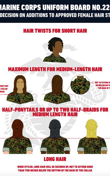 The Marine Corps joined its sister services to permit its female members to wear something other than short hair or an austere bun while in uniform.