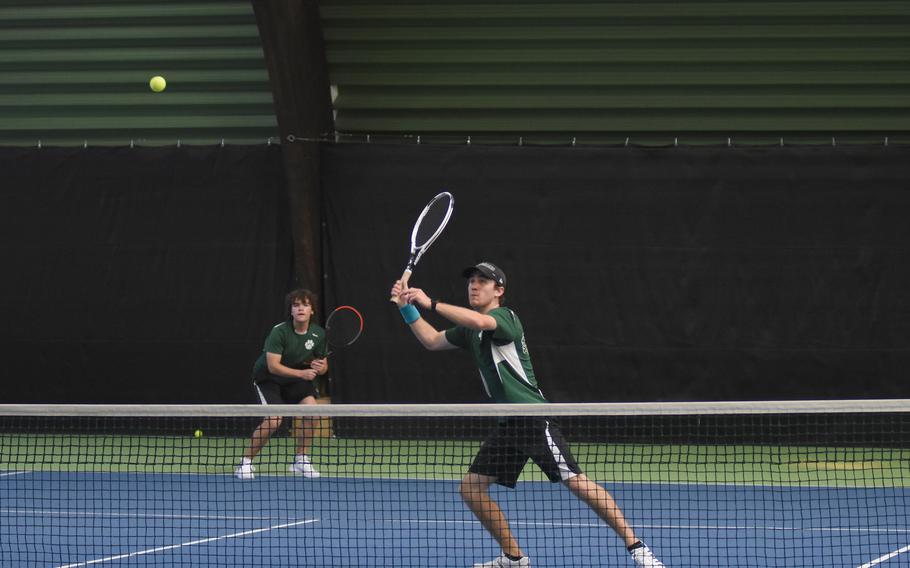 Naples’ Nick Cronk, left, and Ben Avalos put up a strong showing at the DODEA European tennis championships in Wiesbaden, Germany. The duo finished second to Stuttgart in doubles, despite entering the tourney seeded No. 6.