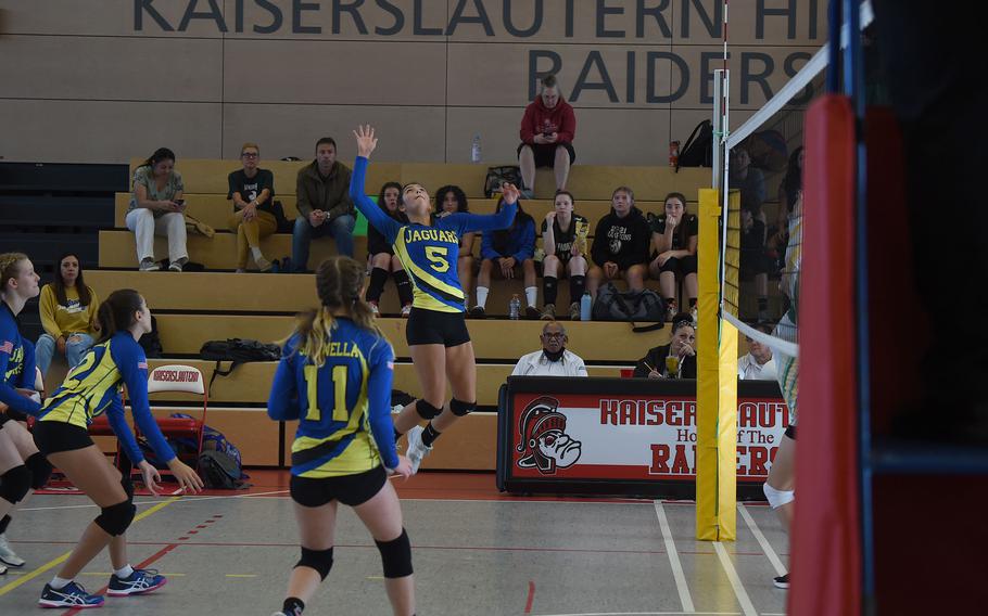 Sigonella’s Ryleigh Denton jumps for the spike in a match against Alconbury on Thursday, Oct. 27, 2022.