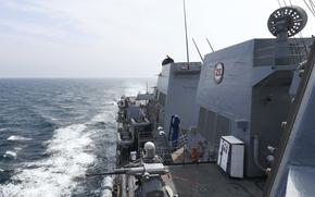 The guided-missile destroyer USS Halsey steams through the Taiwan Strait on May 8, 2024.