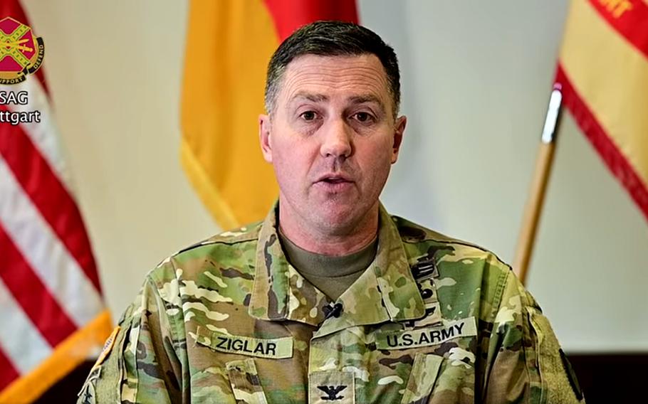 Col. Matt Ziglar, U.S. Army Garrison Stuttgart commander, announces the return of a mask mandate for all common areas, including the exchange and commissary, in a video on the garrison's Facebook page, Nov. 17, 2021.