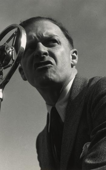 Dorothea Lange’s “Man at Microphone, May Day Demonstration, San Francisco, California,” 1934, gelatin silver print. 