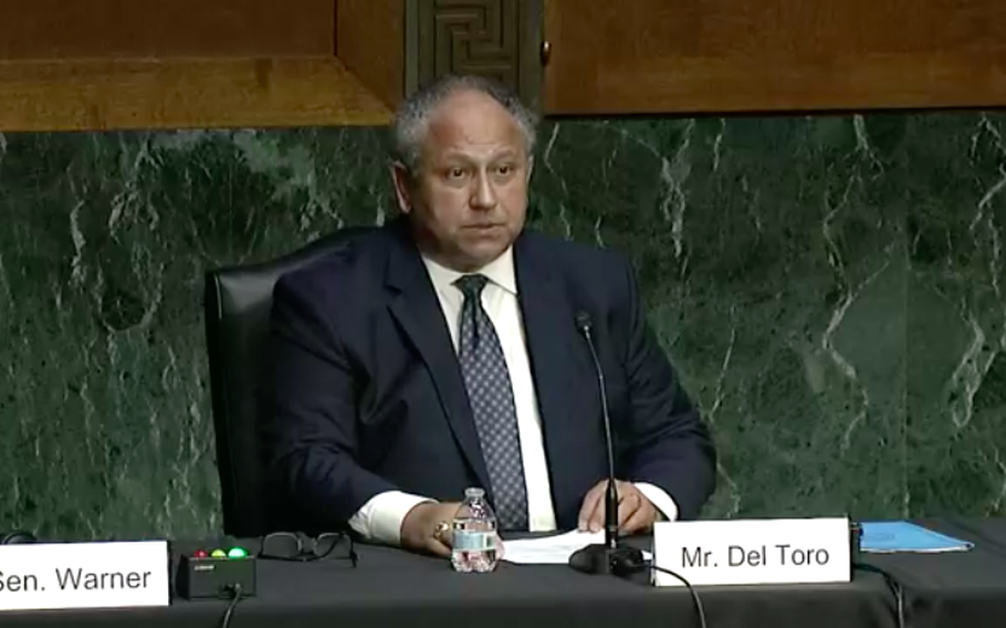 Carlos Del Toro, President Joe Biden’s nominee for Navy secretary, speaks to the Senate Armed Services Committee on July 13, 2021, during a confirmation hearing. 