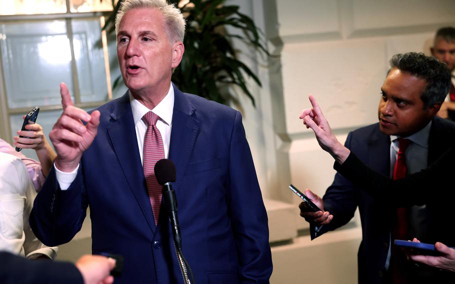 U.S. Speaker of the House Kevin McCarthy (R-California) speaks to reporters as he leaves a House Republican caucus meeting at the U.S. Capitol on Sept. 14, 2023, in Washington, D.C. In a contentious meeting that was scheduled to be on the Biden impeachment, McCarthy outlined his plans to pass a spending bill while fending off threats from members of his own party to remove him with a “motion to vacate.” 