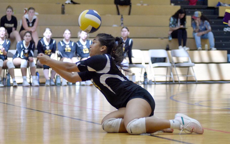 Stuttgart's Ayana Gomez gets down for a dig in a match against Ramstein on Sept. 9, 2023, at Wiesbaden High School in Wiesbaden, Germany.