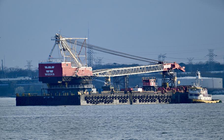 The Weeks 533 crane barge arrives at TradePoint Atlantic to assist with the salvage of the Francis Scott Key Bridge on March 31, 2024.