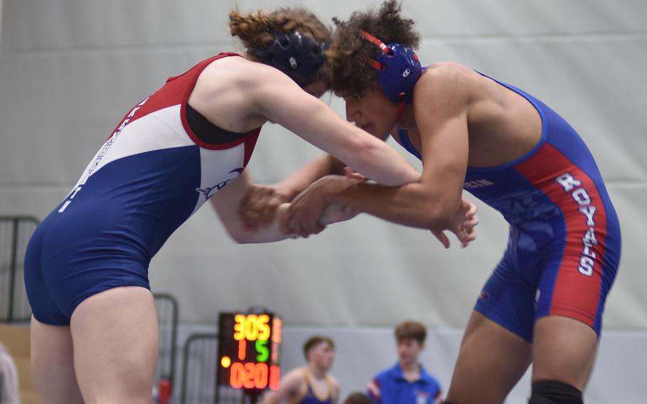 Lakenheath’s Sophia Yorko battles Ramstein’s Christian Spruill for third place in 150 pounds at the DODEA-Europe wrestling sectional tournament at Ramstein High School, Germany, on Saturday, Feb. 3, 2024.