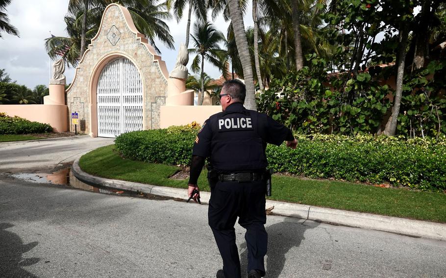 Police outside of Mar-a-Lago in West Palm Beach, Florida, on Tuesday Aug. 9, 2022, the day after the FBI searched Donald Trump’s estate. 