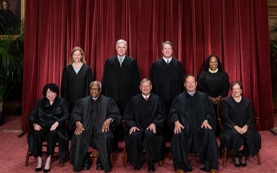 Bottom row, from left: Justices Sonia Sotomayor, Clarence Thomas, Chief Justice John G. Roberts Jr., Samuel Alito and Elena Kagan. Top row, from left: Justices Amy Coney Barrett, Neil M. Gorsuch, Brett M. Kavanaugh and Ketanji Brown Jackson.