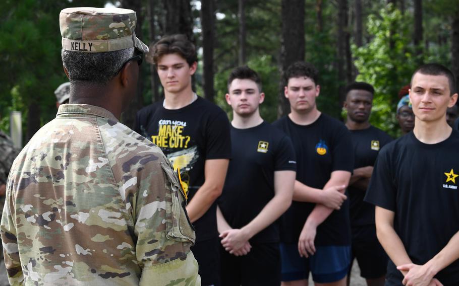 Brig. Gen. Jason Kelly, commander at Fort Jackson, S.C., speaks to a group of potential recruits during the Future Soldier for a Day recruiting event July 8, 2023. He said some people think the Army can weigh them down and keep them from being who they want to be. “I think it’s the exact opposite. I think it’s an accelerant. The Army is gas to whatever it is you want to be.” Kelly said.