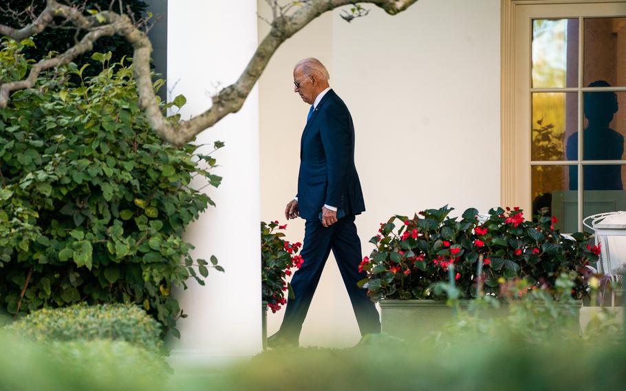 President Biden exits the Oval Office for Marine One on the South Lawn of the White House on Sept. 15. 