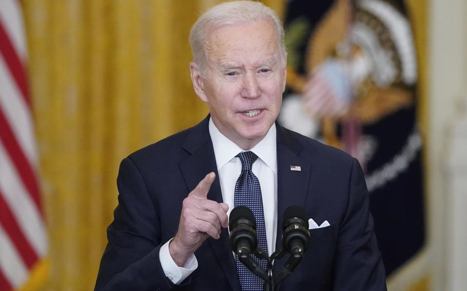 President Joe Biden speaks Tuesday, Feb. 15, 2022, about Ukraine in the East Room of the White House in Washington. 