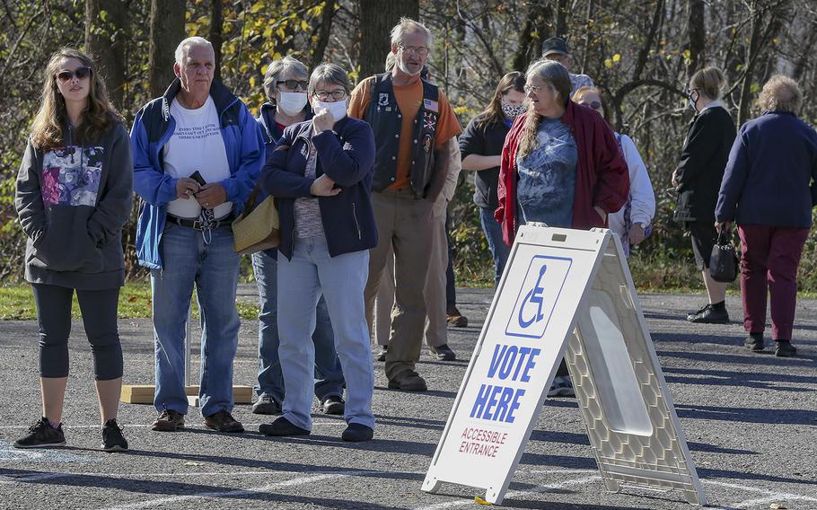 Voters wait outside a polling place during last year’s general election in Fulton County in south central Pennsylvania. 