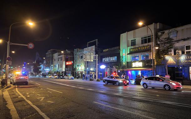 Two U.S. service members were arrested over the weekend in separate incidents near Gate 2 Street in Okinawa City, seen here on April 18, 2025.
