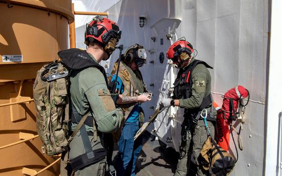 Sailors with Helicopter Sea Combat Squadron 25 evacuated a man from the Coast Guard cutter Polar Star, March 6, 2024, after the man began experiencing abdominal pains. 