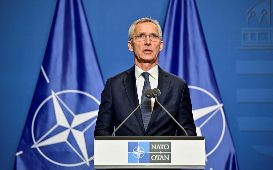 NATO Secretary General Jens Stoltenberg during a news conference in Budapest, Hungary, June 12, 2024.