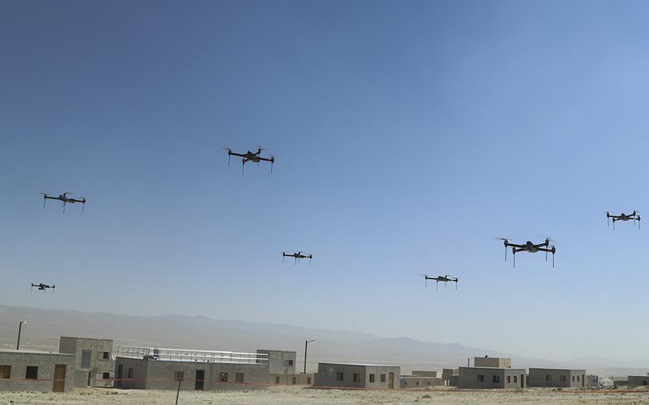 A swarm of drones test capabilities during a battle exercise at National Training Center on May 8, 2019, at Fort Irwin, Calif.