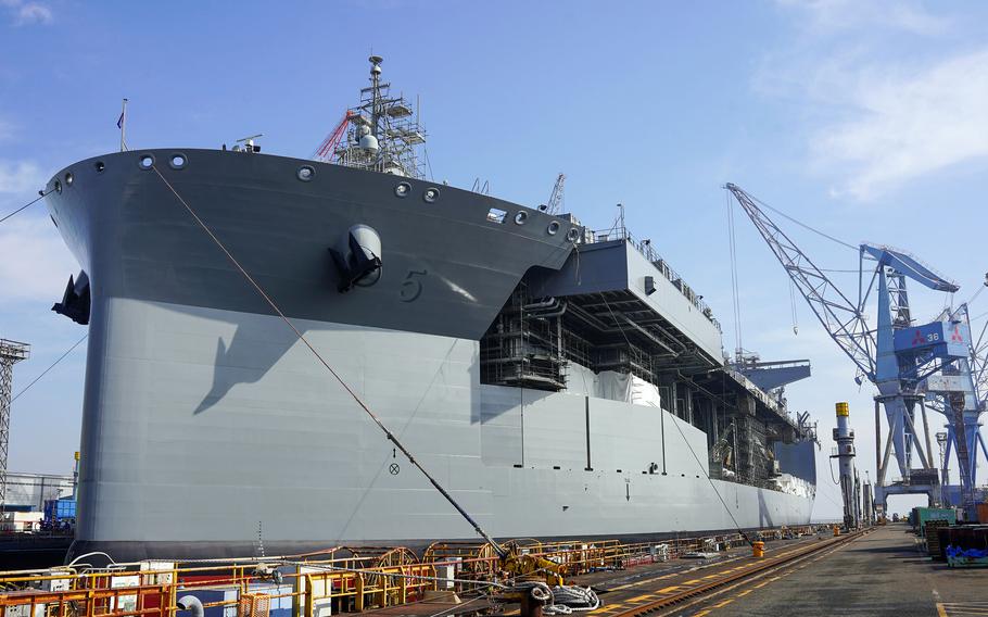 The USS Miguel Keith is docked at a Yokohama port.