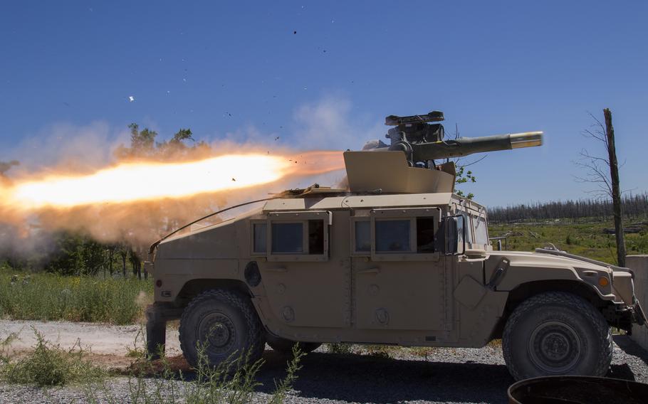 U.S. Soldiers in the Vermont National Guard fire a TOW missile system from a Humvee in 2017. The U.S. is providing TOW missiles and Humvees to Ukraine. 