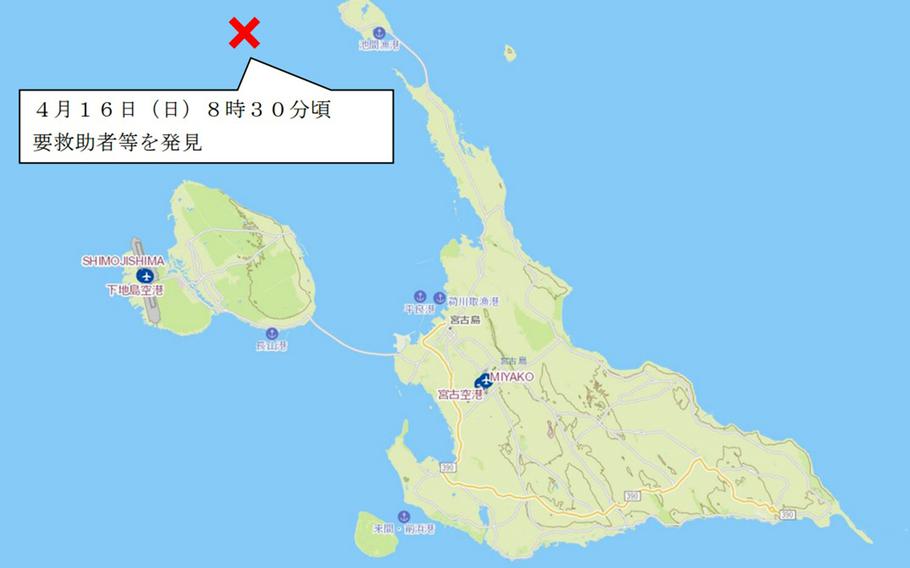 An X marks the spot where a section of the crashed Japanese army helicopter's fuselage and five bodies were discovered north of Irabu Island on Thursday, April 13, 2023. 
