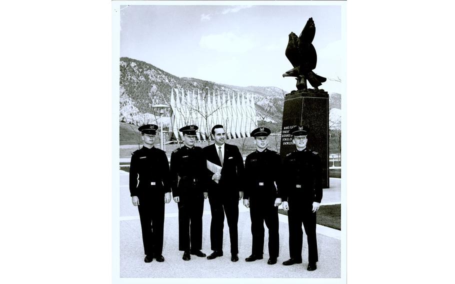 Congressman Bob Dole with four Air Force cadets at the Air Force Academy in an undated photo.