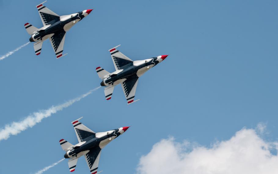 Three United States Air Force Demonstration “Thunderbirds” F-16 Fighting Falcons fly in formation during the Charleston Airshow at Joint Base Charleston, S.C., Saturday, April 20, 2024. 