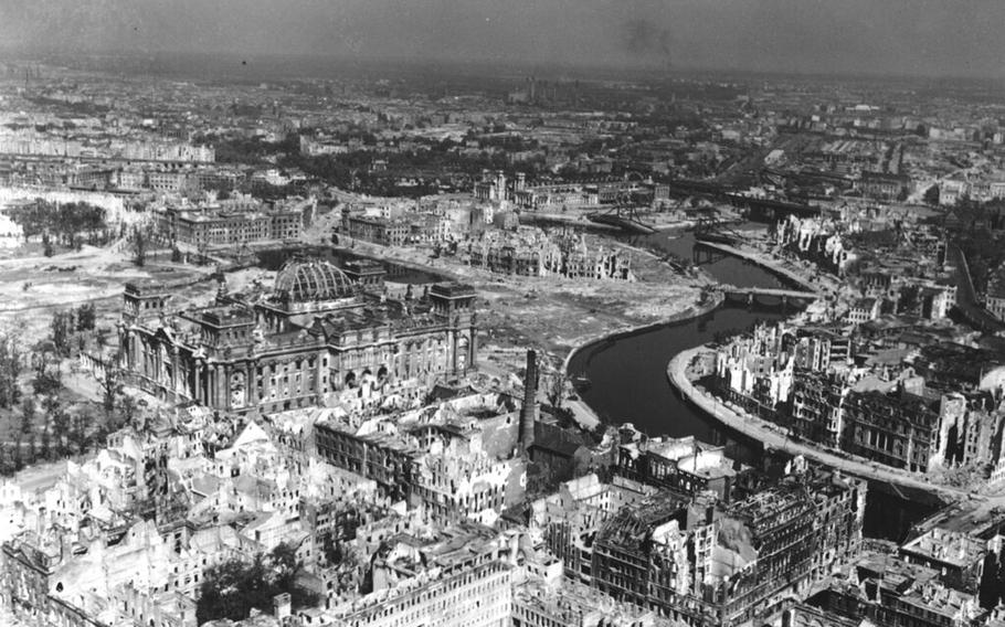 An aerial view shows vast areas of destruction in Berlin in July 1945.