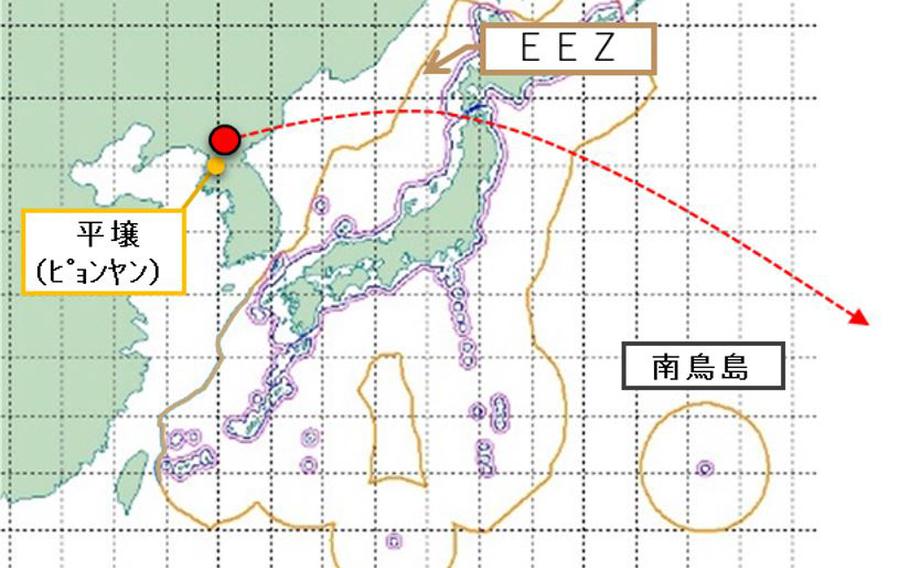 North Korea fired an intermediate-range ballistic missile over Aomori prefecture, Japan, Tuesday, Oct. 4, 2022, according to this map from Japan's defense ministry. 