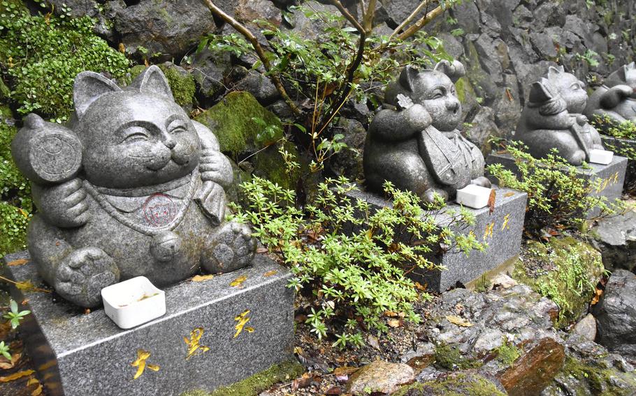 The seven cat deities of good fortune line the path around the shrine’s grounds. 