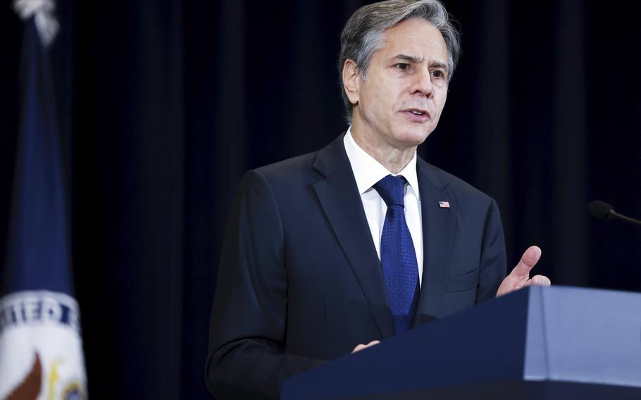 Secretary of State Antony Blinken speaks at the State Department in Washington, Friday, Sept. 10, 2021.