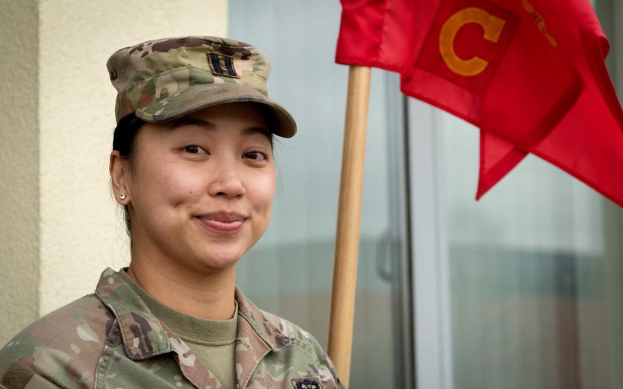 Capt. Phuong Quach, commander of Charlie Battery, 1st Battalion, 6th Field Artillery Regiment, at the Army's Grafenwoehr Training Area in Germany on Feb. 1, 2024. 