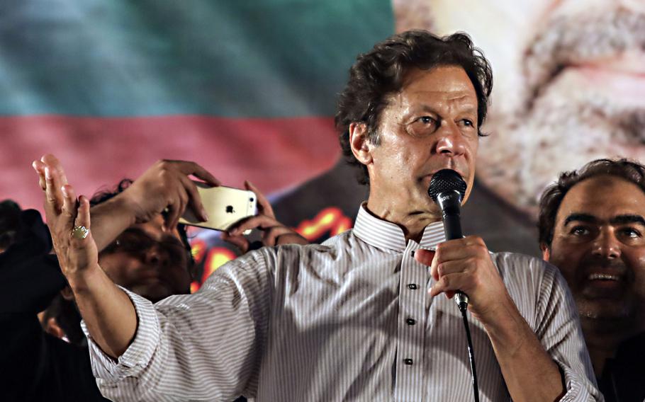 Imran Khan, chairman of Pakistan Tehreek-e-Insaf (PTI), also known as Movement for Justice, speaks during a campaign rally in Lahore, Pakistan, on July 20, 2018. 
