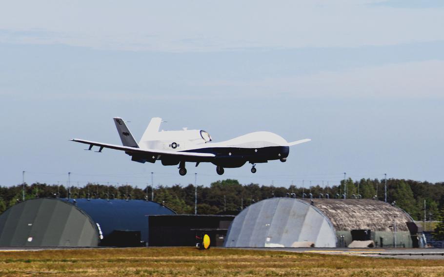 A Navy MQ-4C Triton drone lands at Misawa Air Base, Japan, on May 15, 2021.