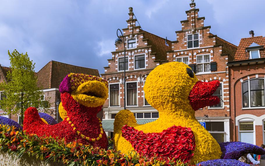 Floats made of tulips make their way through Haarlem, Netherlands, for the annual parade called Bloemencorso.