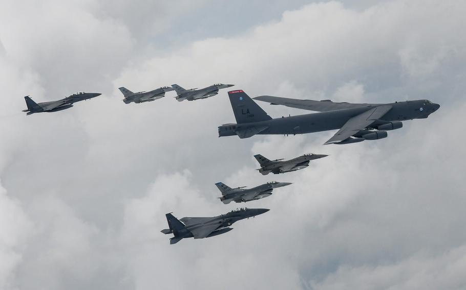 U.S. F-16 Fighting Falcons and South Korean F-15K Slam Eagles escort a B-52H Stratofortress bomber over the Korean Peninsula, Thursday, July 13, 2023.