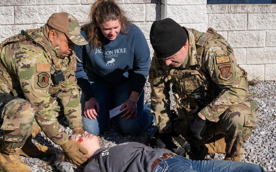 Air National Guard Security Forces members participate in a mass casualty role play exercise at PATRIOT 24 exercise at Combined Arms Collective Training Facility, Camp Shelby, Miss., Monday, Feb. 19, 2024.