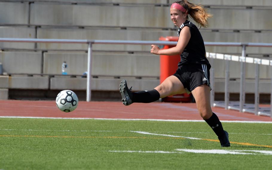 Vicenza’s Tyler Holt takes a shot on goal in the girls Division II final at the DODEA-Europe soccer championships in Kaiserslautern, Germany, Thursday, May 19 2022. Holt scored the 1-0 in Vicenza’s 2-0 win over the Saints.