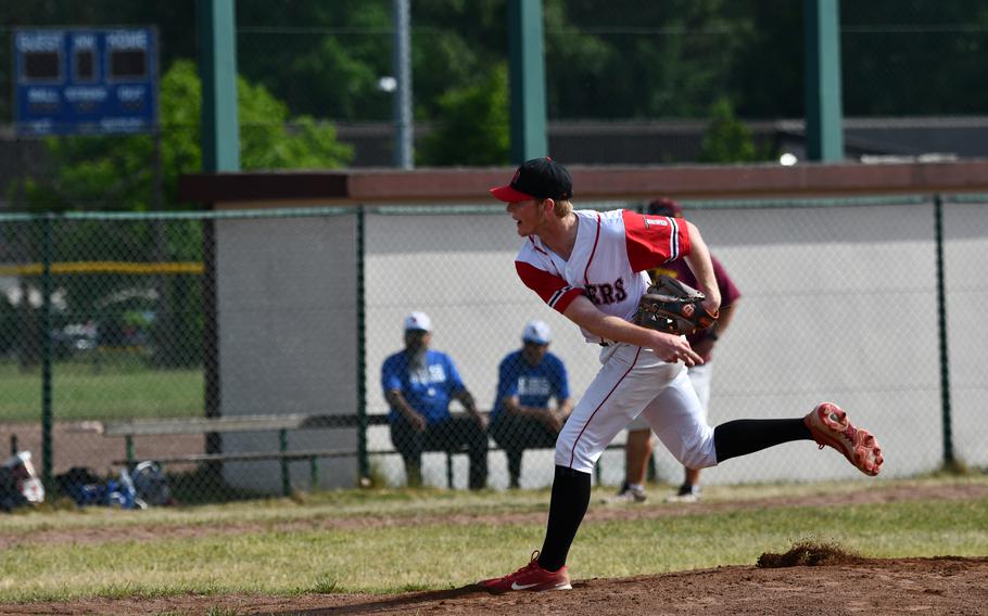 Kaiserslautern’s Bryson Lokey throws a strike in the team’s opening game of the tournament at the 2022 DODEA-Europe baseball championships.