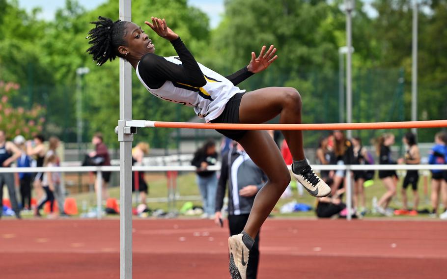 Ansbach’s Tamia McLaughlin won the girls high jump event at the DODEA-Europe track and field championships in Kaiserslautern, Germany, May 19, 2023, by being the only competitor to clear 5-03.