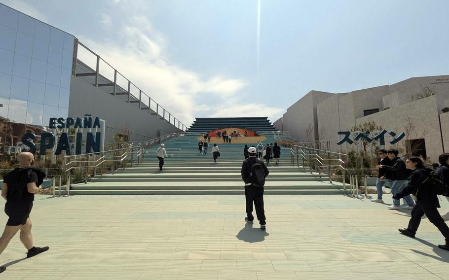 People approach the Spain Pavilion at World Expo 2025 in Osaka, Japan.