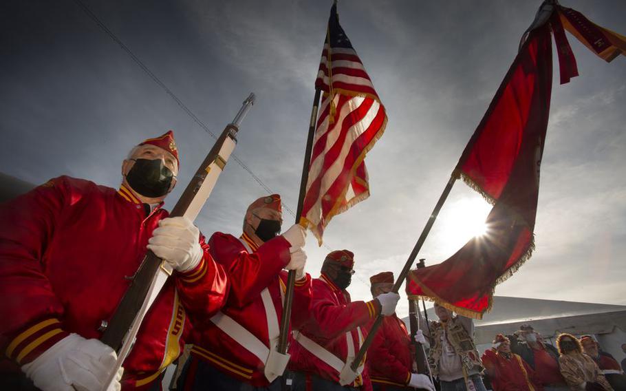 The color guard of the Marine Corps League Detachment 1775, Oaklyn, New Jersey on the deck of the Battleship New Jersey during a Pearl Harbor Day Commemoration ceremony.