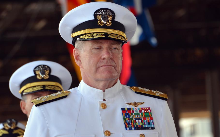 Adm. Samuel Paparo arrives at a ceremony April 4, 2024, at Joint Base Pearl Harbor-Hickam where he turned over command of U.S. Pacific Fleet to Adm. Steve Koehler.